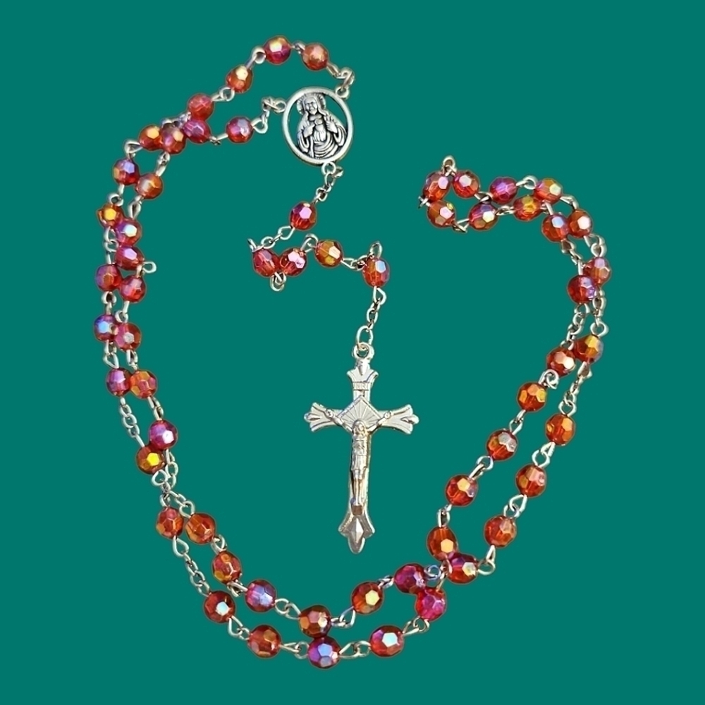 3/$30 Sacred Heart of Jesus Red Faceted Acrylic Beaded Rosary